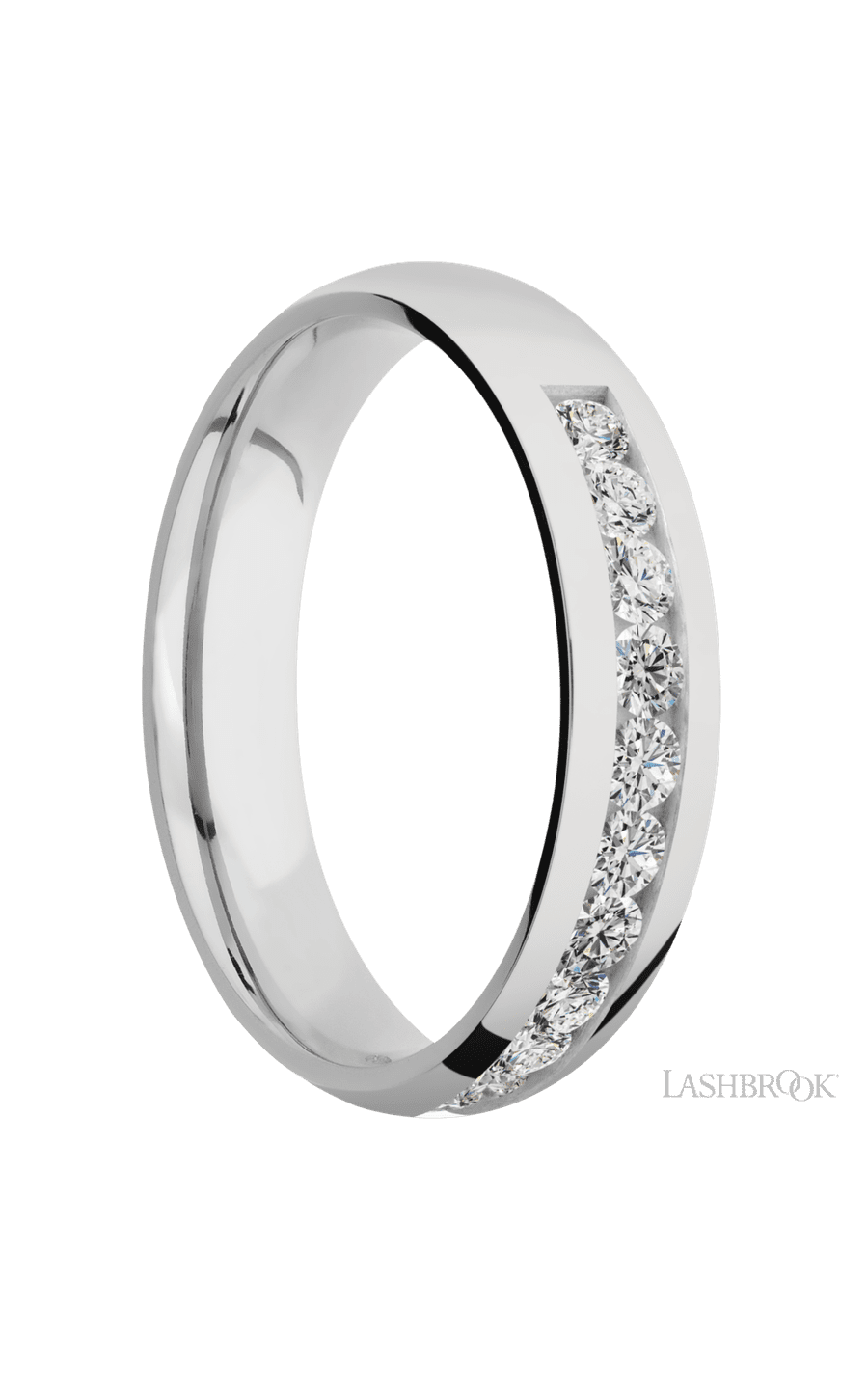 5 mm wide/Domed/Cobalt Chrome band with a Half Eternity arrangement of .07 carat Round Diamond stones in a Channel setting.
