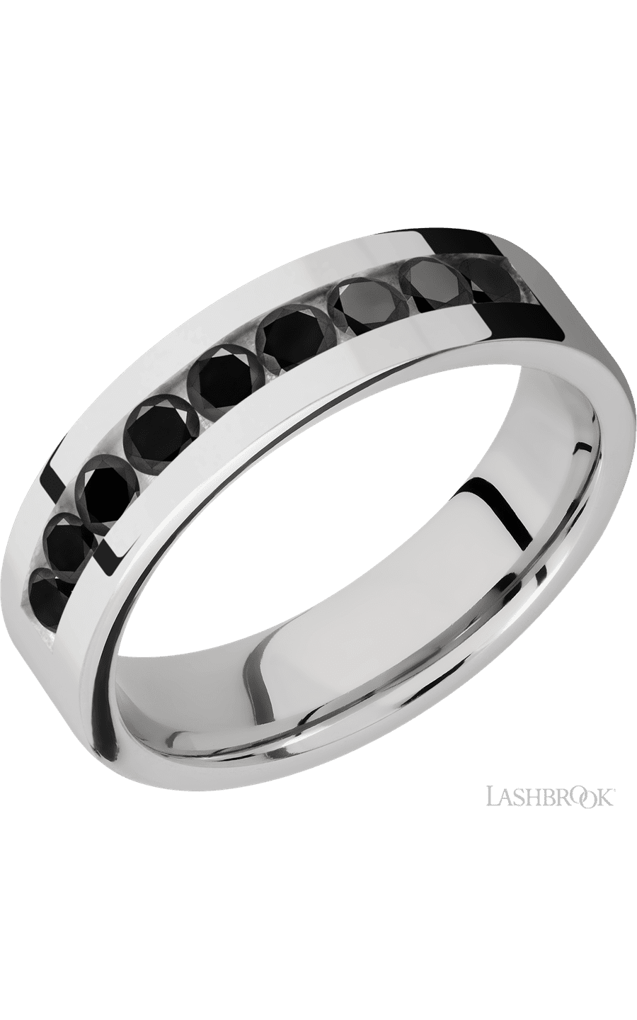 6 mm wide/Flat/Cobalt Chrome band with an  arrangement of 9, .1 carat Round Black Diamond stones in a Channel setting.