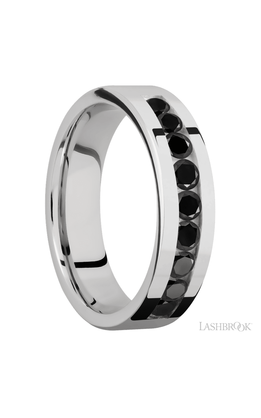 6 mm wide/Flat/Cobalt Chrome band with an  arrangement of 9, .1 carat Round Black Diamond stones in a Channel setting.