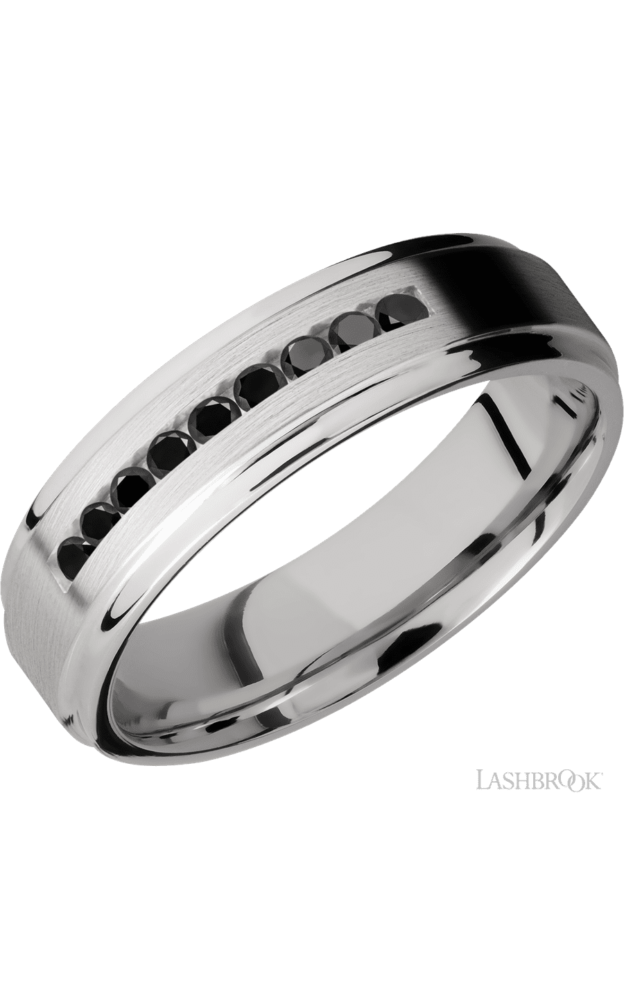 6 mm wide/Flat Grooved Edges/Cobalt Chrome band with an  arrangement of 9, .03 carat Round Black Diamond stones in a Channel setting.