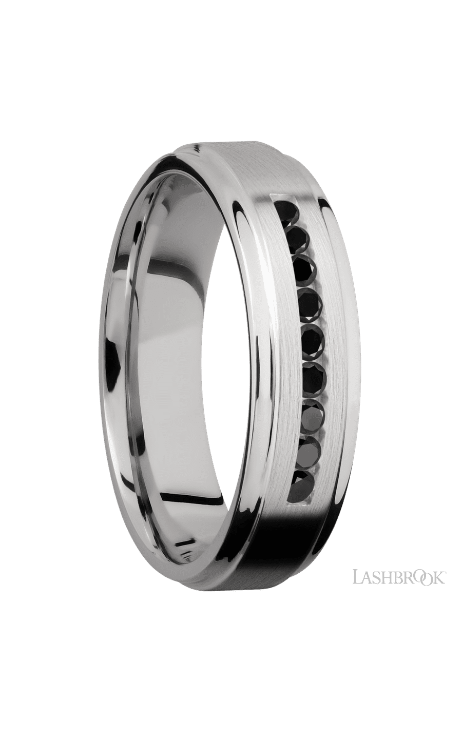 6 mm wide/Flat Grooved Edges/Cobalt Chrome band with an  arrangement of 9, .03 carat Round Black Diamond stones in a Channel setting.