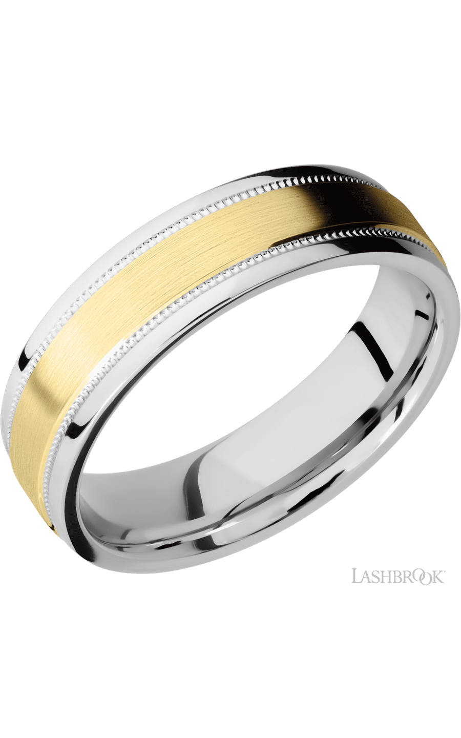 6 mm wide/Flat Stepped Edges Milgrain/Cobalt Chrome band with one 3 mm Raised Centered inlay of 14K Yellow Gold.