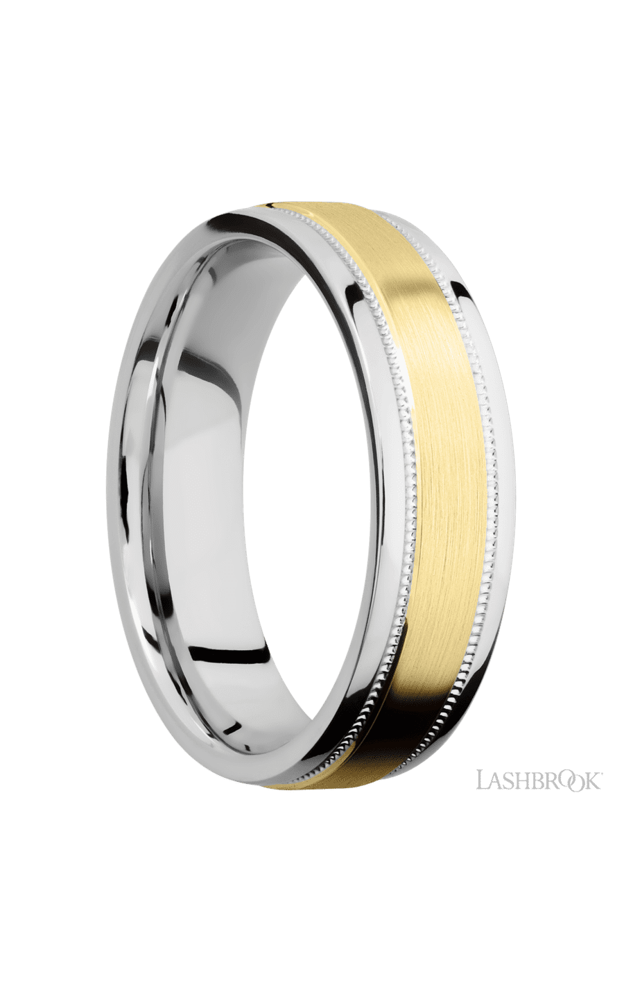 6 mm wide/Flat Stepped Edges Milgrain/Cobalt Chrome band with one 3 mm Raised Centered inlay of 14K Yellow Gold.