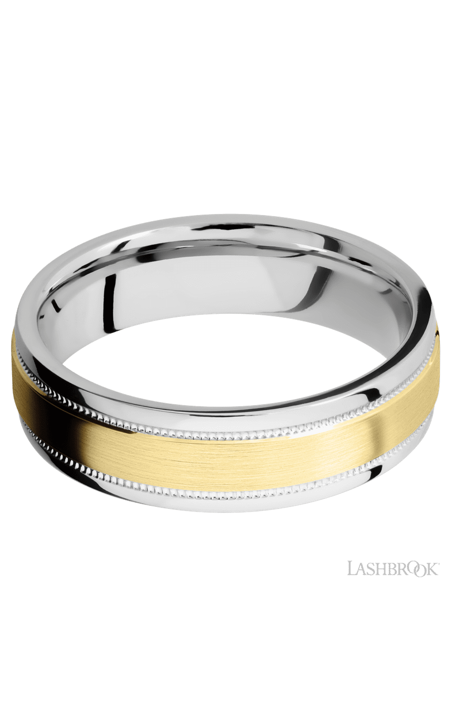 6 mm wide/Flat Stepped Edges Milgrain/Cobalt Chrome band with one 3 mm Raised Centered inlay of 14K Yellow Gold.
