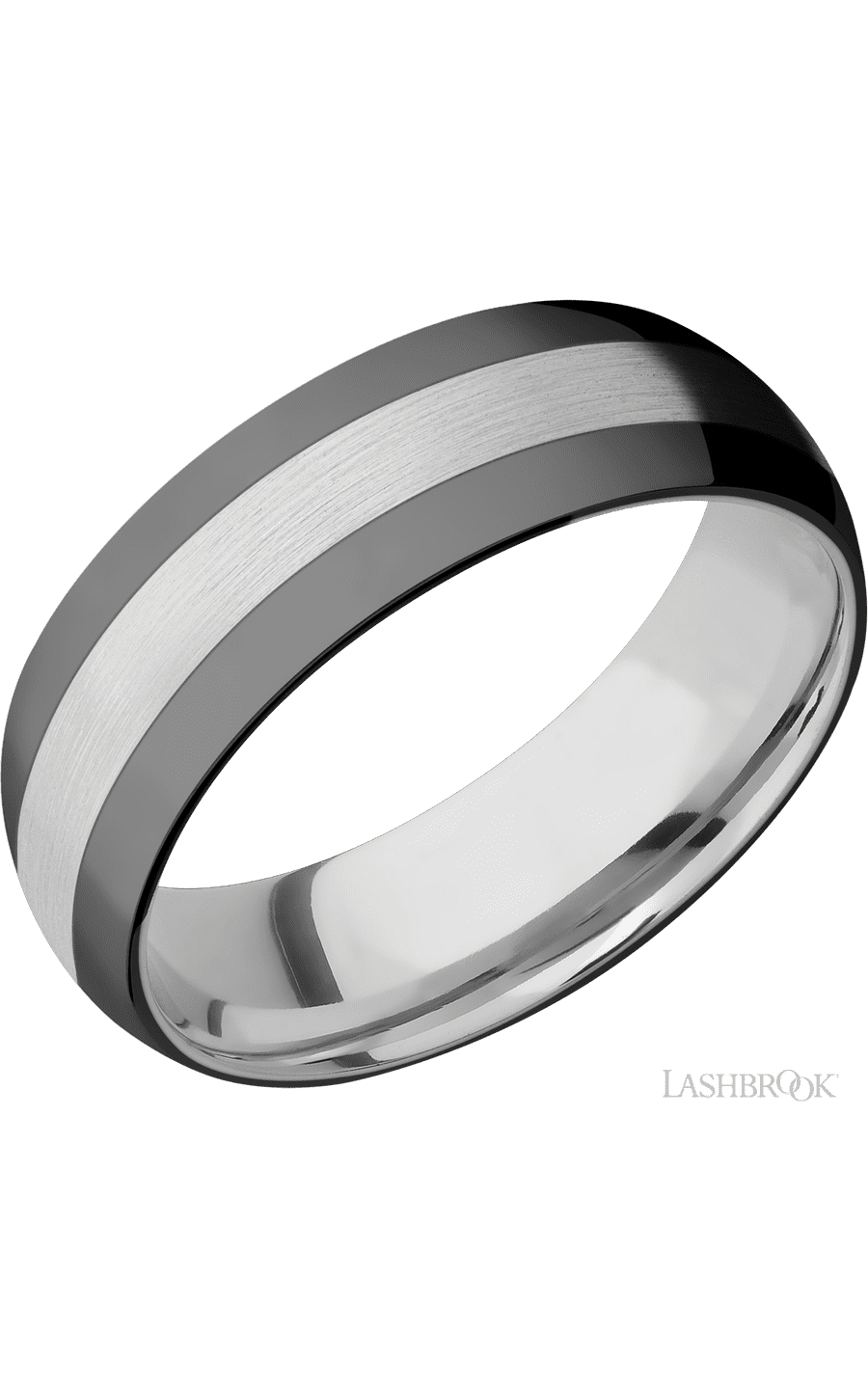 7 mm wide/Domed/Cobalt Chrome band with two 2 mm Double Off Center Edge inlays of Zirconium.