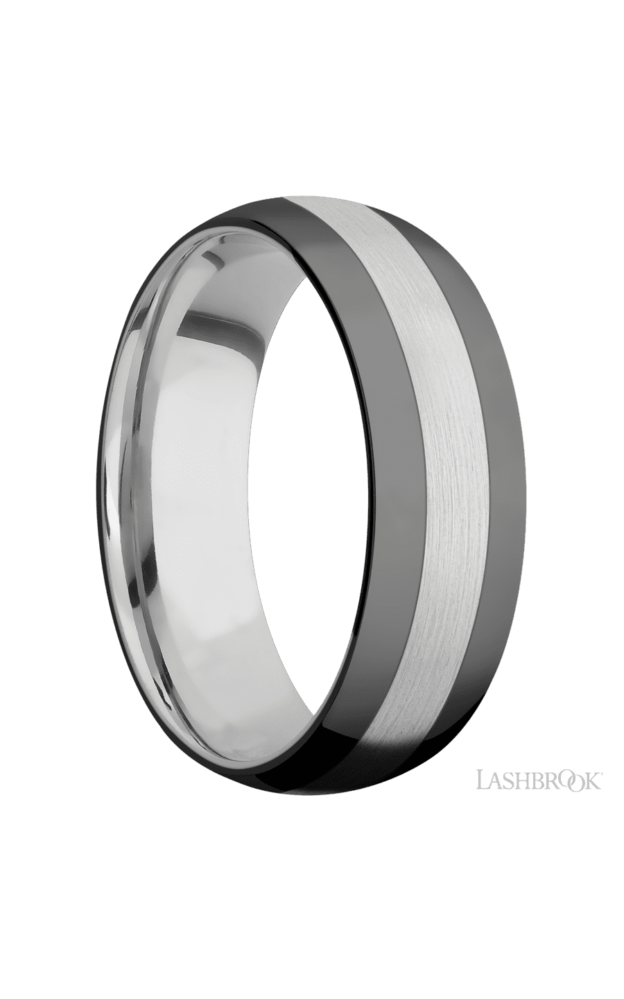 7 mm wide/Domed/Cobalt Chrome band with two 2 mm Double Off Center Edge inlays of Zirconium.