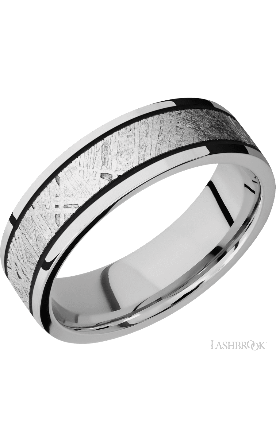 7 mm wide/Flat/Cobalt Chrome band with one 4 mm Centered inlay of Meteorite.