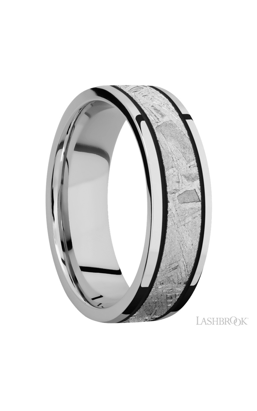 7 mm wide/Flat/Cobalt Chrome band with one 4 mm Centered inlay of Meteorite.