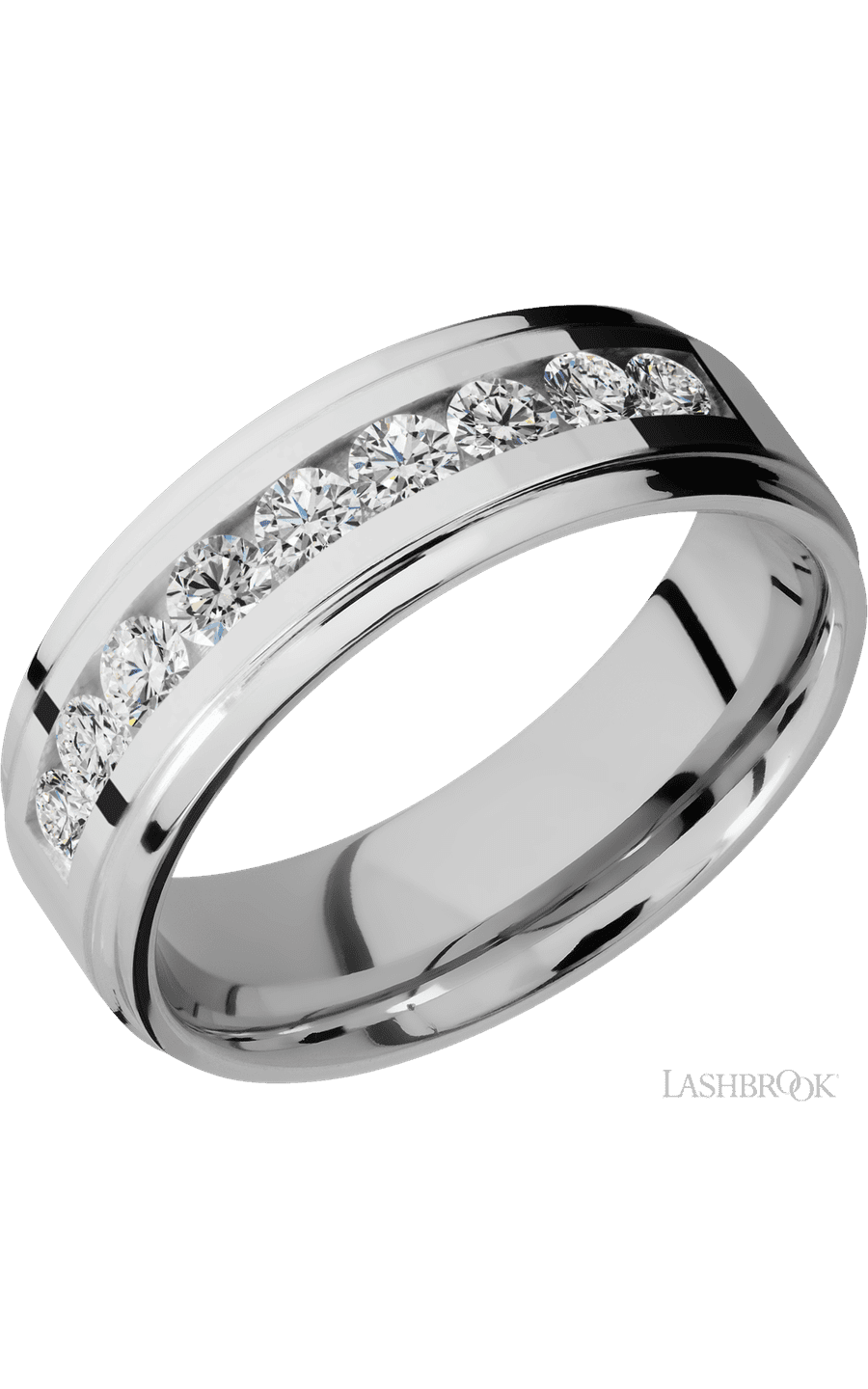 7 mm wide/Flat Grooved Edges/Cobalt Chrome band with an  arrangement of 9, .1 carat Round Diamond stones in a Channel setting.