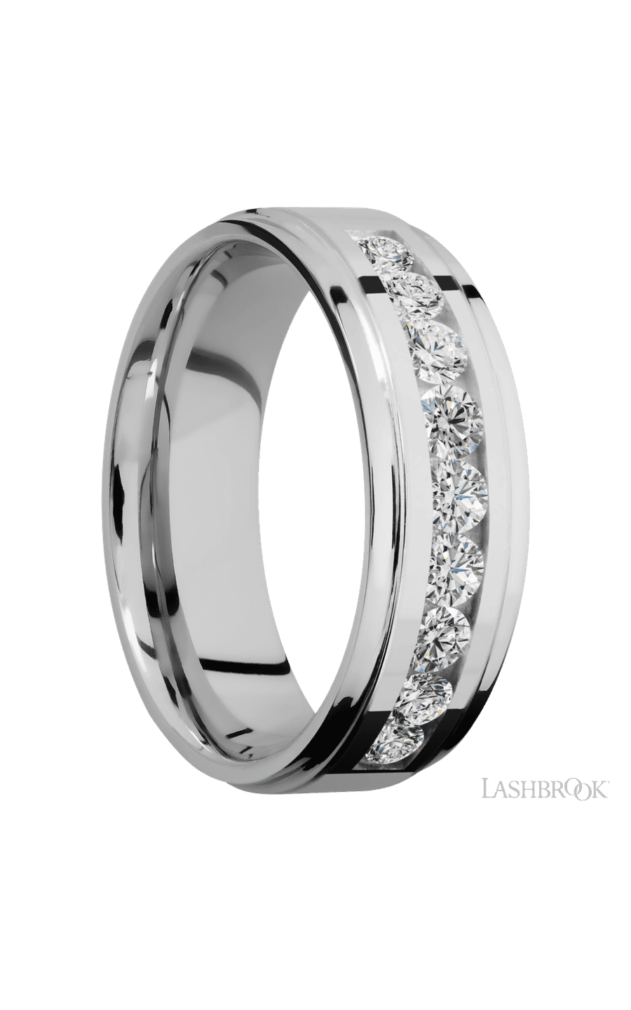 7 mm wide/Flat Grooved Edges/Cobalt Chrome band with an  arrangement of 9, .1 carat Round Diamond stones in a Channel setting.