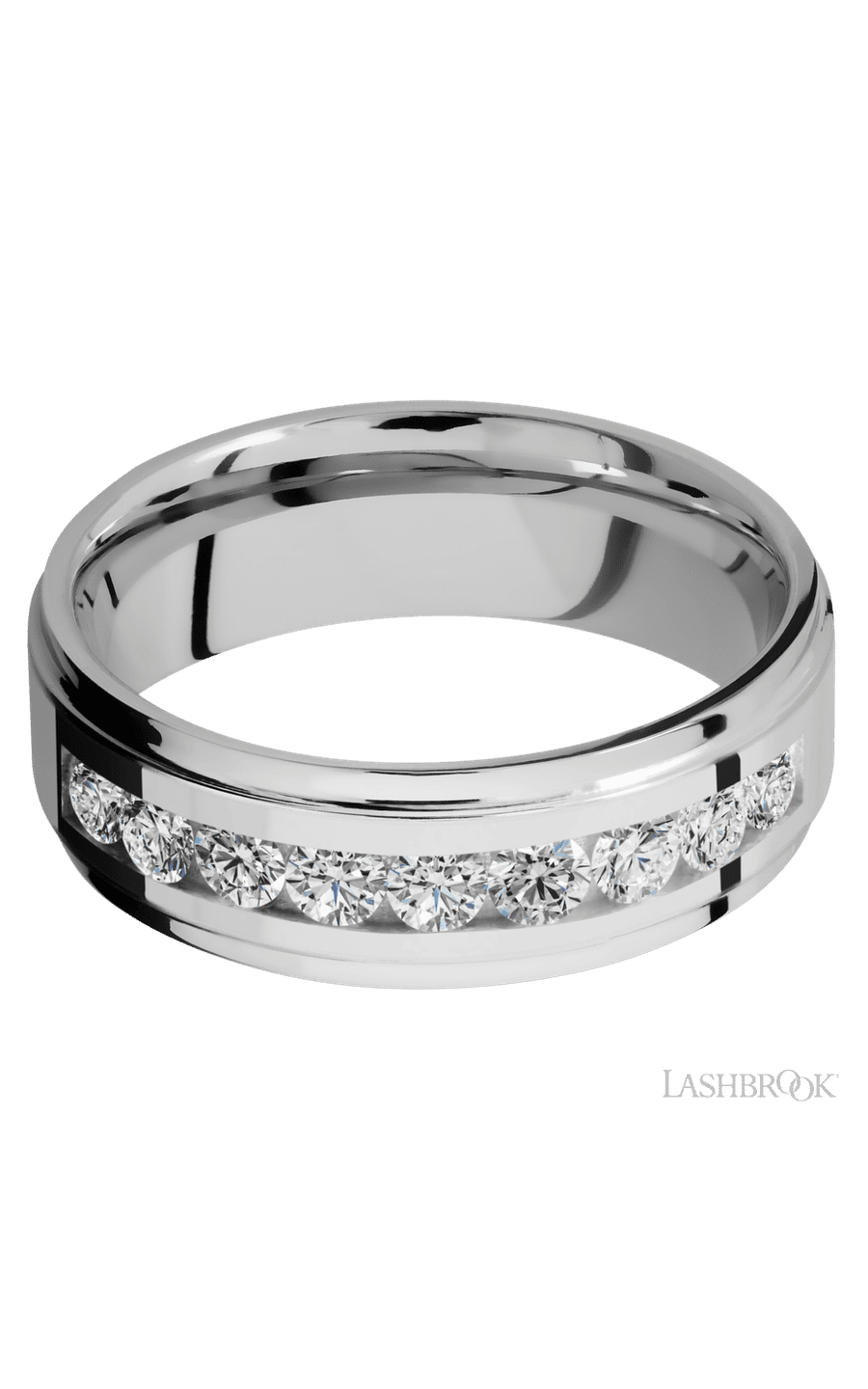 7 mm wide/Flat Grooved Edges/Cobalt Chrome band with an  arrangement of 9, .1 carat Round Diamond stones in a Channel setting.
