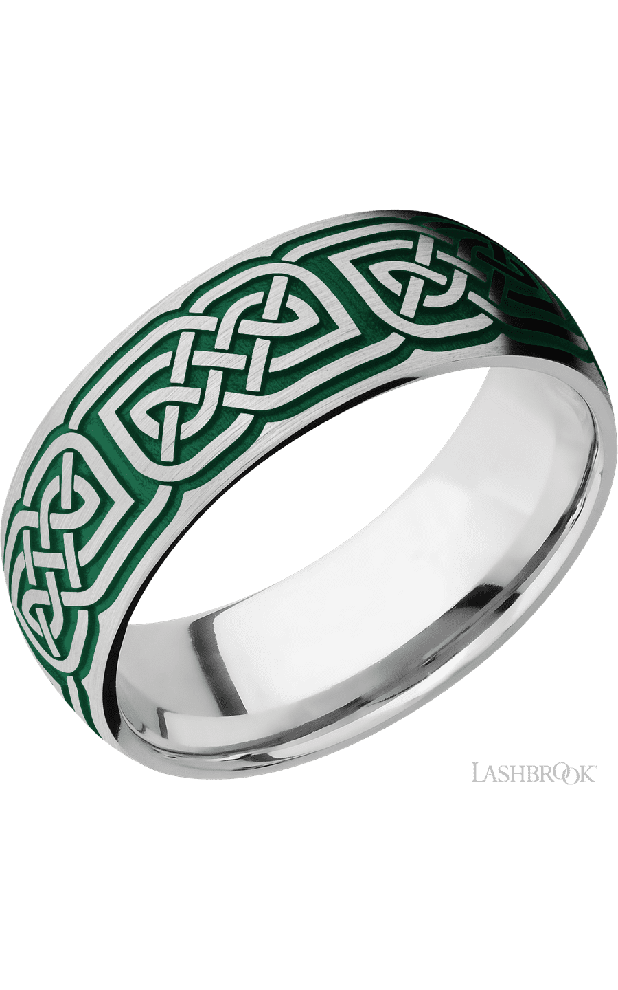 8 mm wide/Domed/Cobalt Chrome band with a laser carved Celtic 17 pattern.