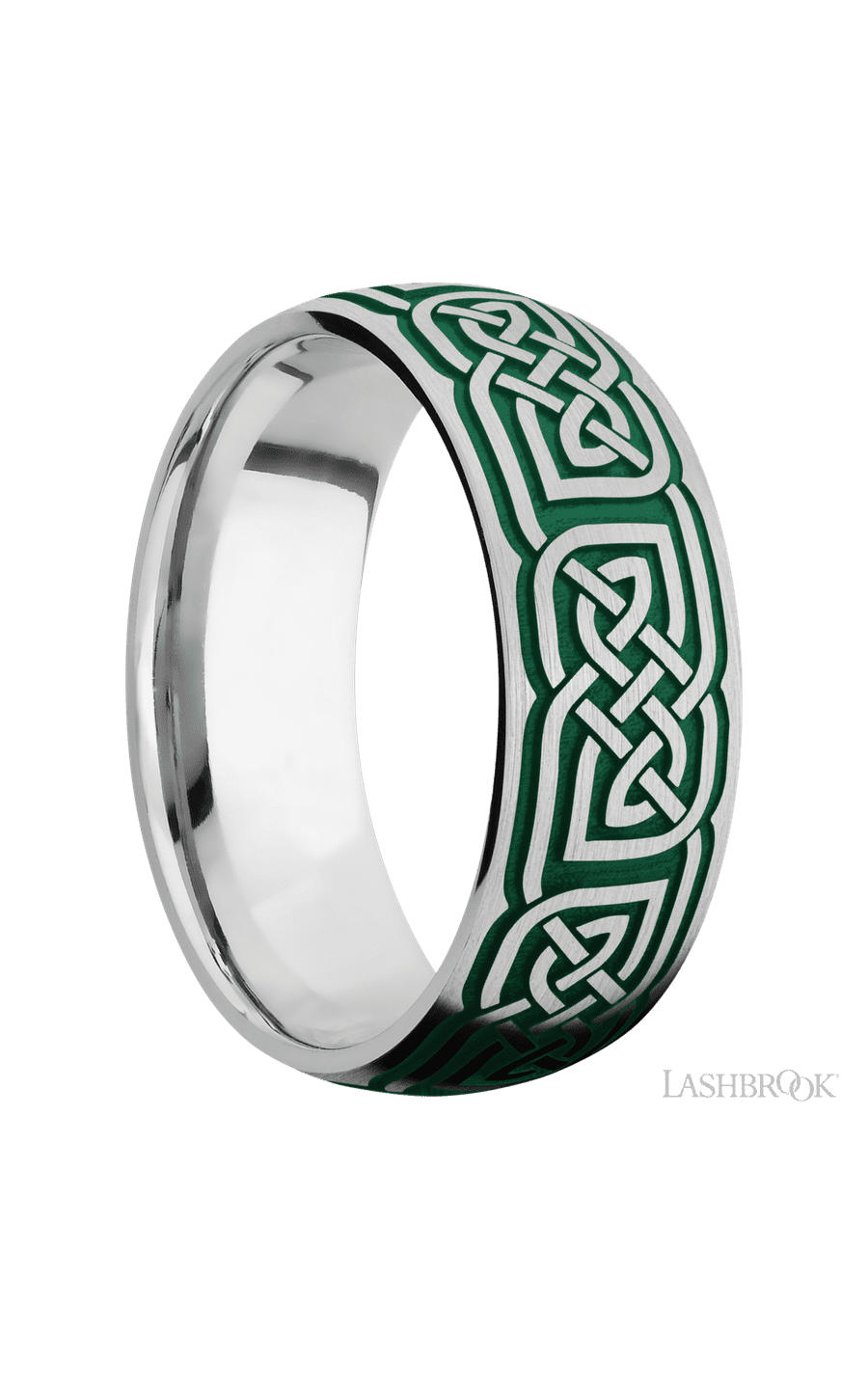8 mm wide/Domed/Cobalt Chrome band with a laser carved Celtic 17 pattern.