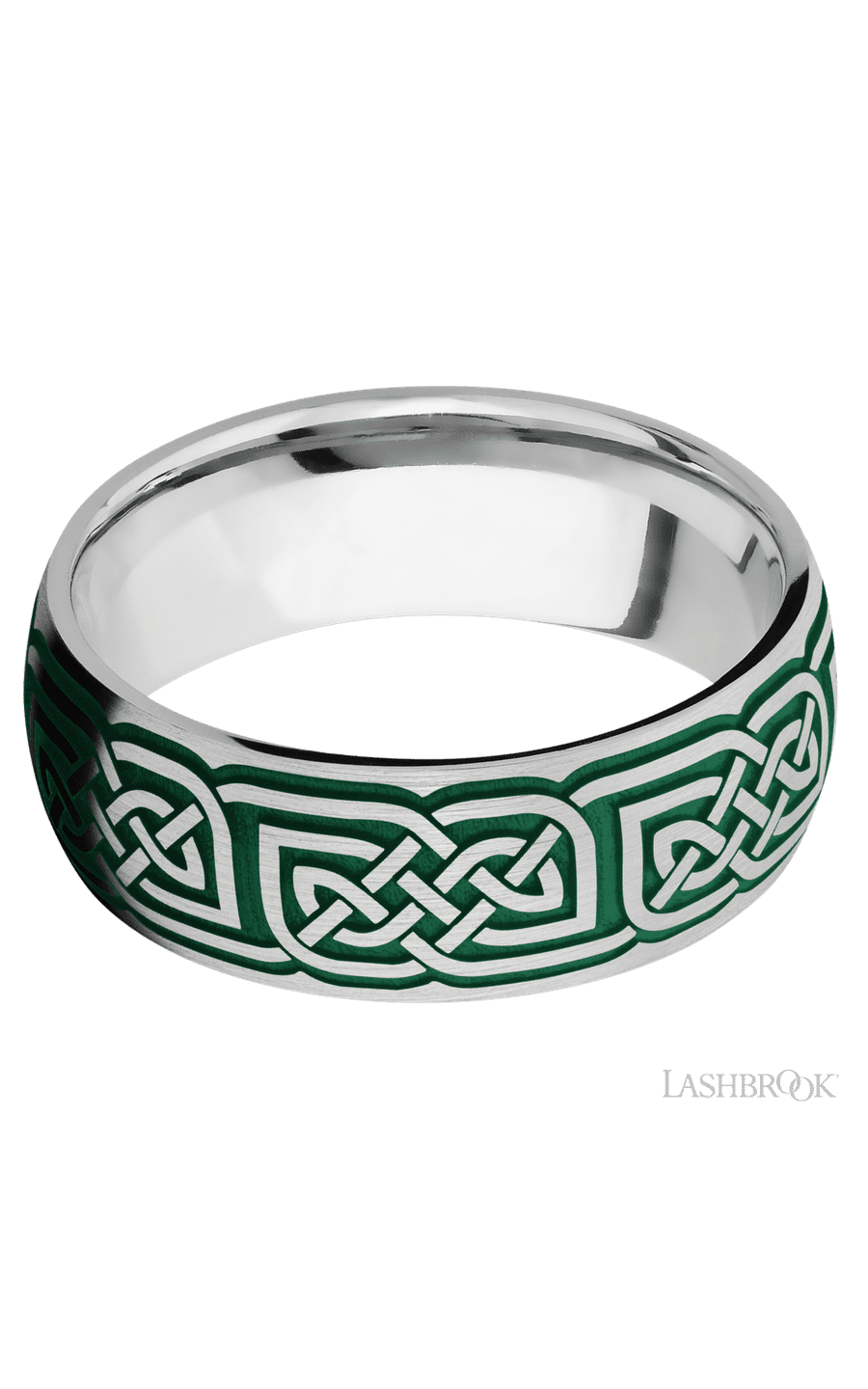 8 mm wide/Domed/Cobalt Chrome band with a laser carved Celtic 17 pattern.