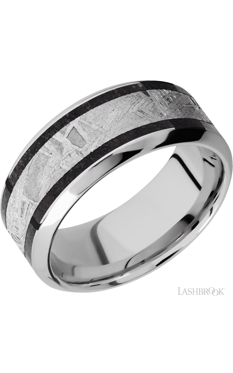 9 mm wide/High Bevel/Cobalt Chrome band featuring inlays of Dinosaur Bone Black and Meteorite.