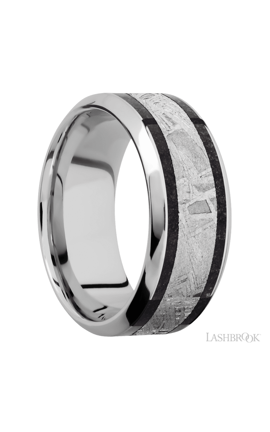 9 mm wide/High Bevel/Cobalt Chrome band featuring inlays of Dinosaur Bone Black and Meteorite.