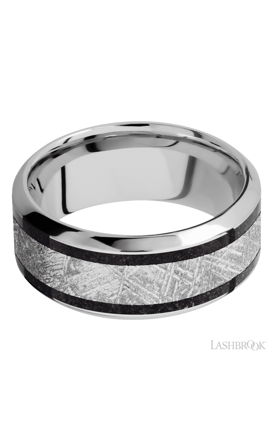 9 mm wide/High Bevel/Cobalt Chrome band featuring inlays of Dinosaur Bone Black and Meteorite.