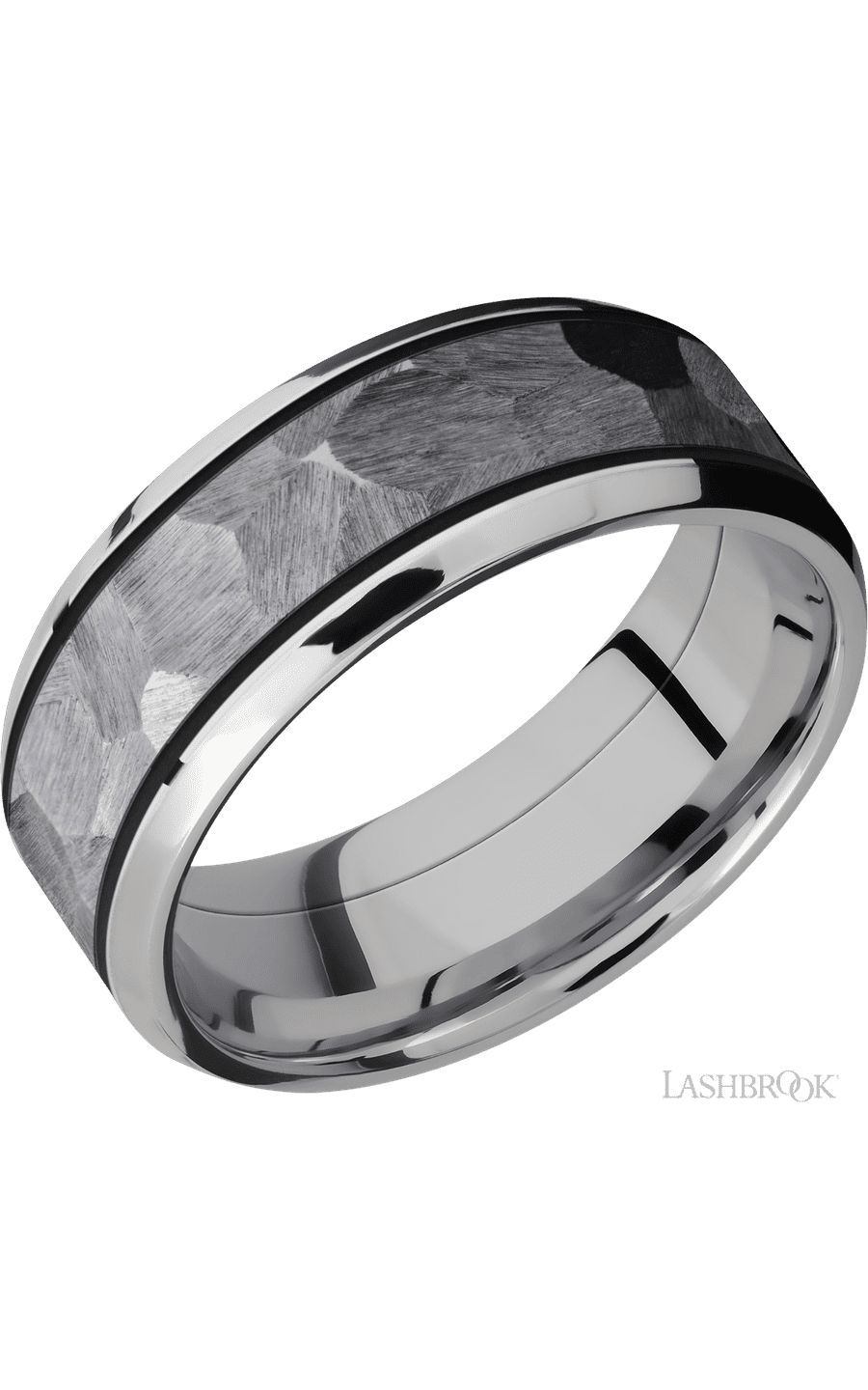 8 mm wide/Beveled/Cobalt Chrome band with one 5 mm Centered inlay of Tantalum.