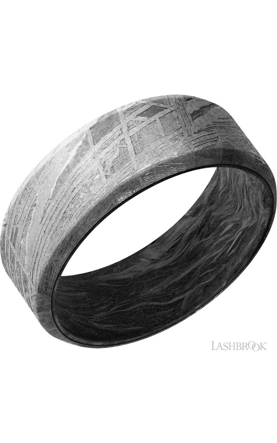8 mm wide Beveled Meteorite band featuring a Forged Carbon Fiber sleeve.