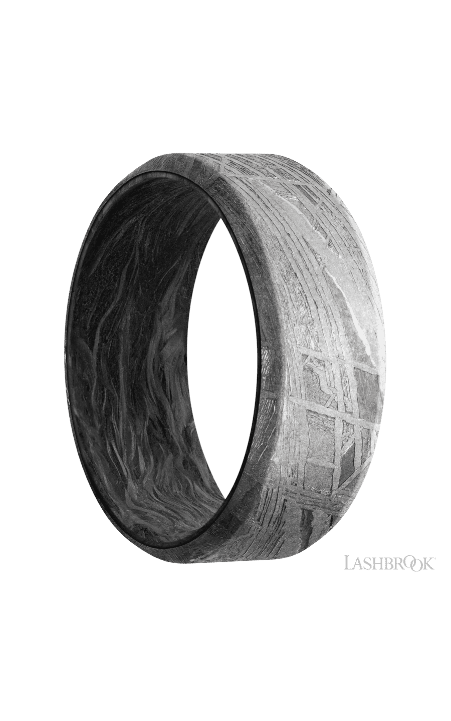 8 mm wide Beveled Meteorite band featuring a Forged Carbon Fiber sleeve.