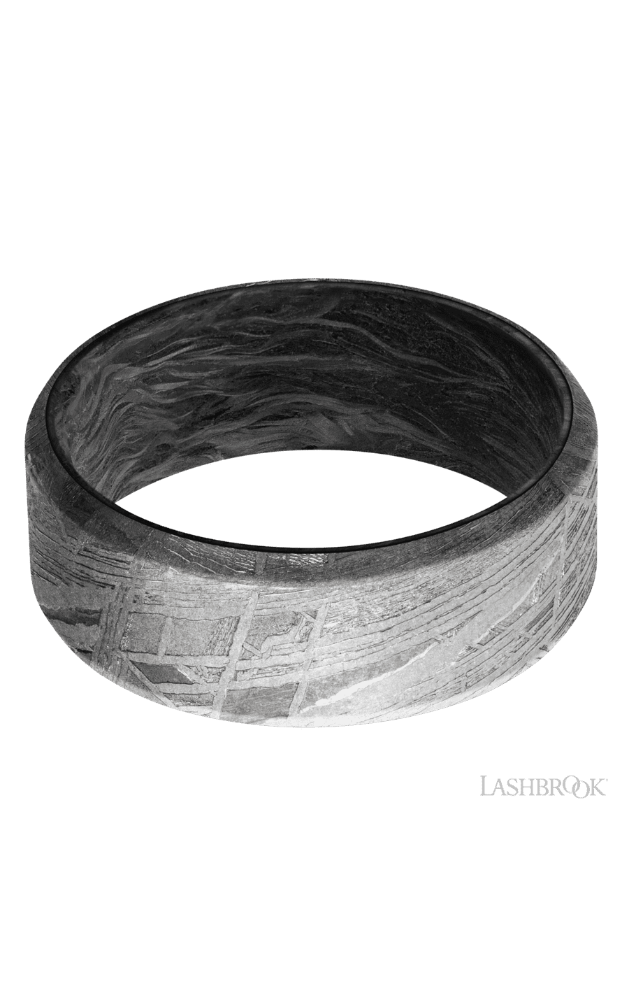 8 mm wide Beveled Meteorite band featuring a Forged Carbon Fiber sleeve.