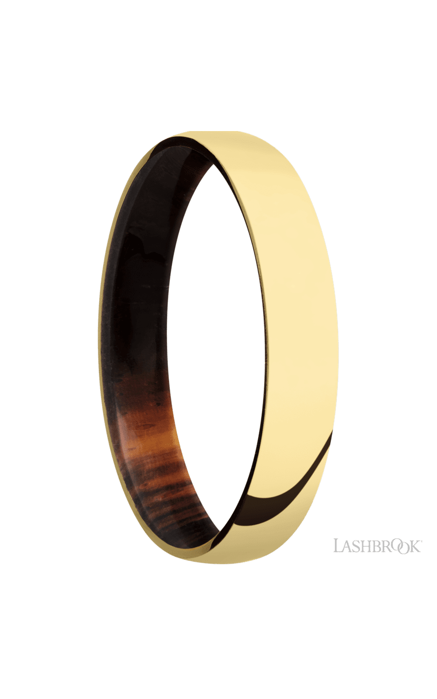 4 mm wide Domed 14K Yellow Gold band featuring a Cocobolo sleeve.