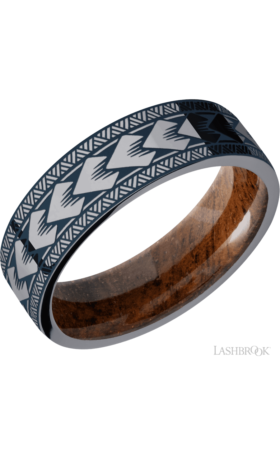 7 mm wide/Flat/Tantalum band with a laser carved Maori pattern also featuring a Koa sleeve.