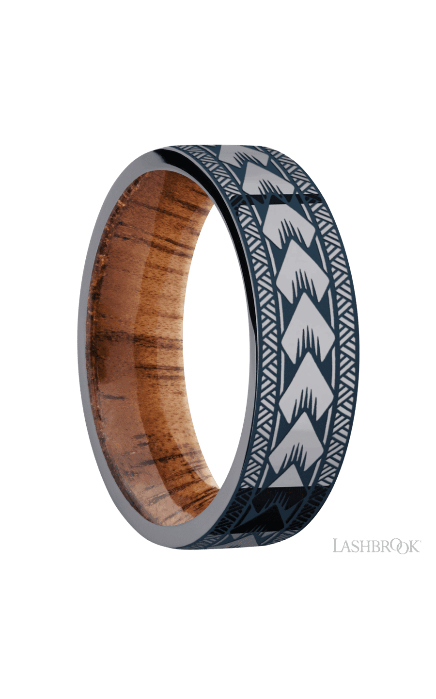 7 mm wide/Flat/Tantalum band with a laser carved Maori pattern also featuring a Koa sleeve.
