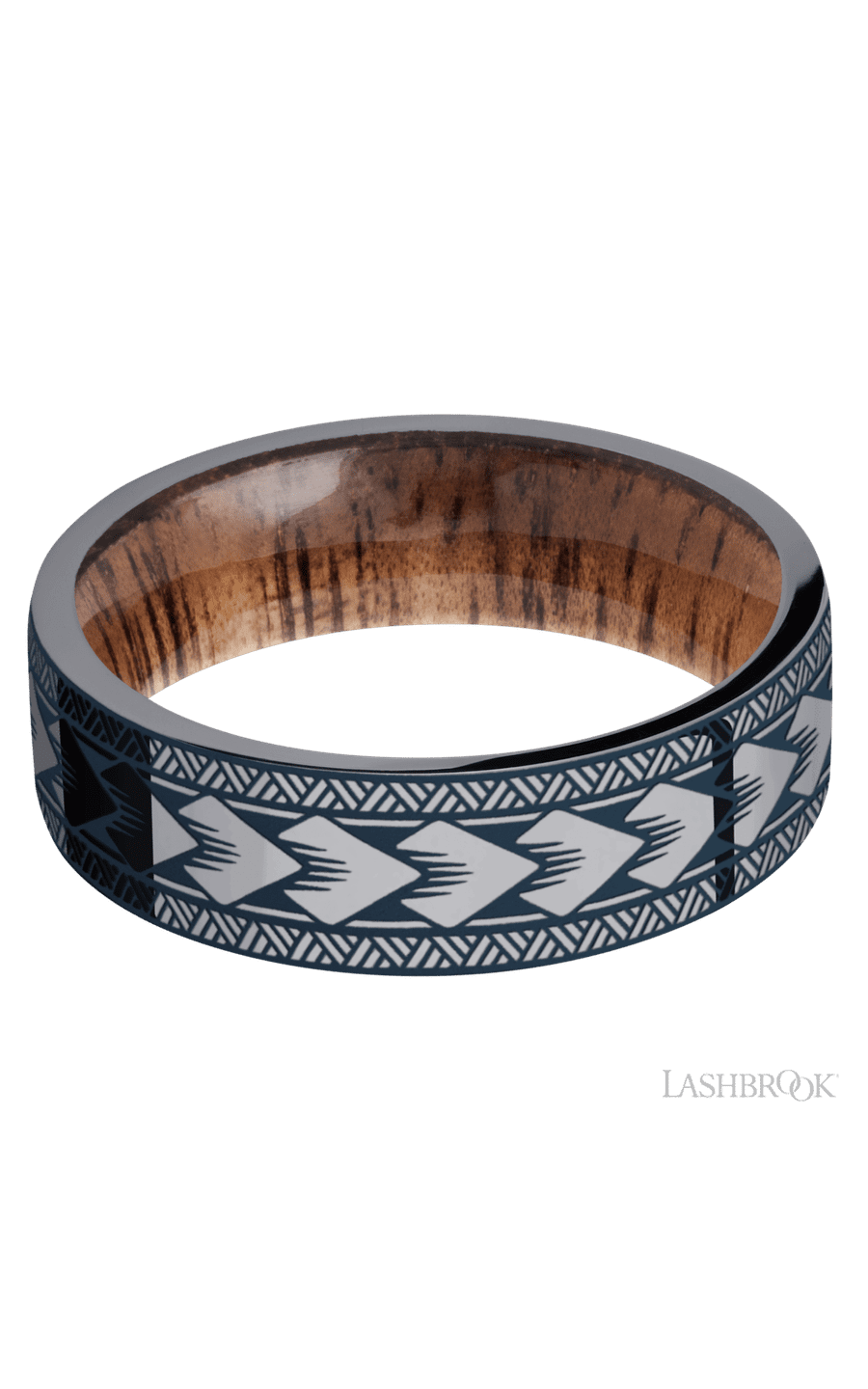 7 mm wide/Flat/Tantalum band with a laser carved Maori pattern also featuring a Koa sleeve.