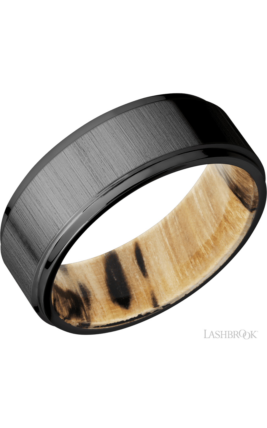 8 mm wide Flat Grooved Edges Zirconium band featuring a Spalted Tamarind sleeve.