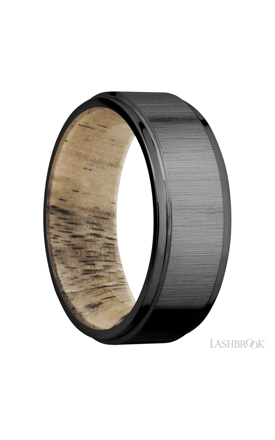 8 mm wide Flat Grooved Edges Zirconium band featuring a Spalted Tamarind sleeve.