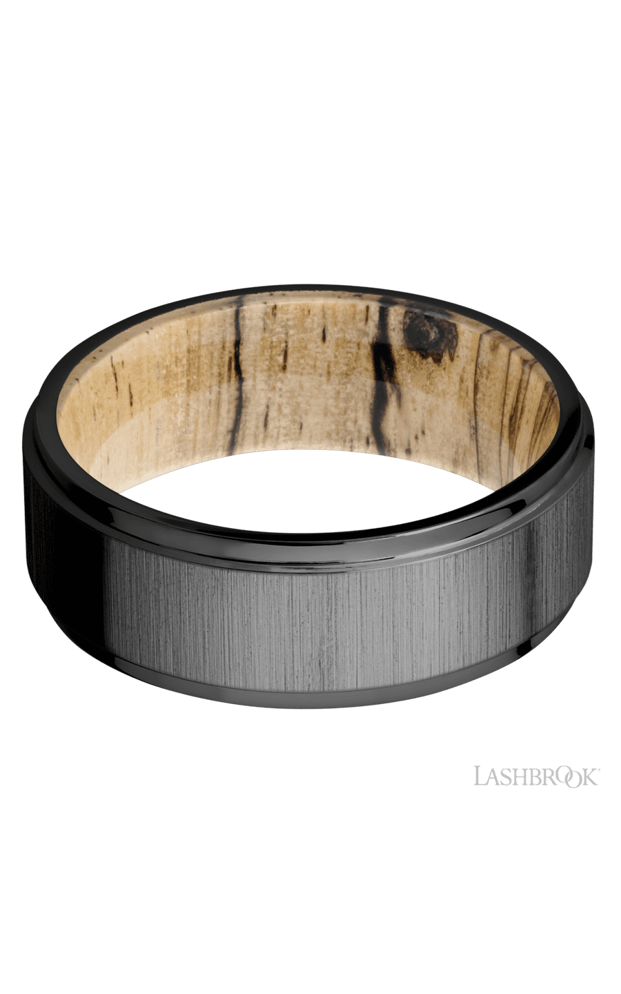 8 mm wide Flat Grooved Edges Zirconium band featuring a Spalted Tamarind sleeve.