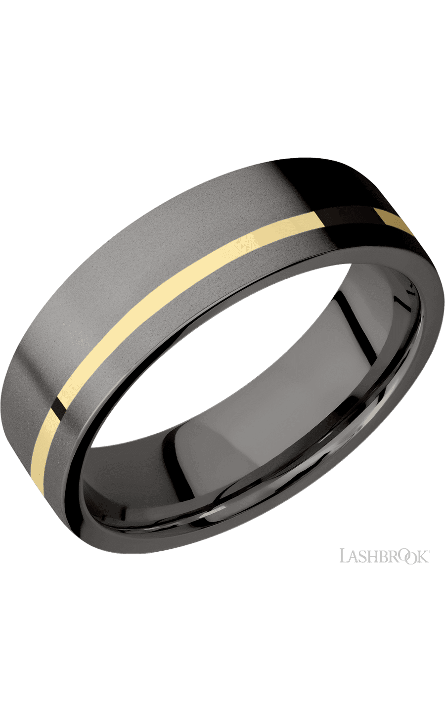 7 mm wide/Flat/Tantalum Noir band with one 1 mm Off Center inlay of 14K Yellow Gold.