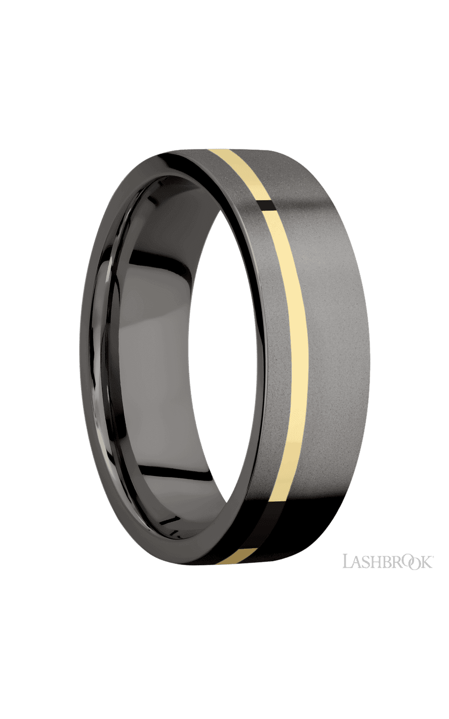 7 mm wide/Flat/Tantalum Noir band with one 1 mm Off Center inlay of 14K Yellow Gold.