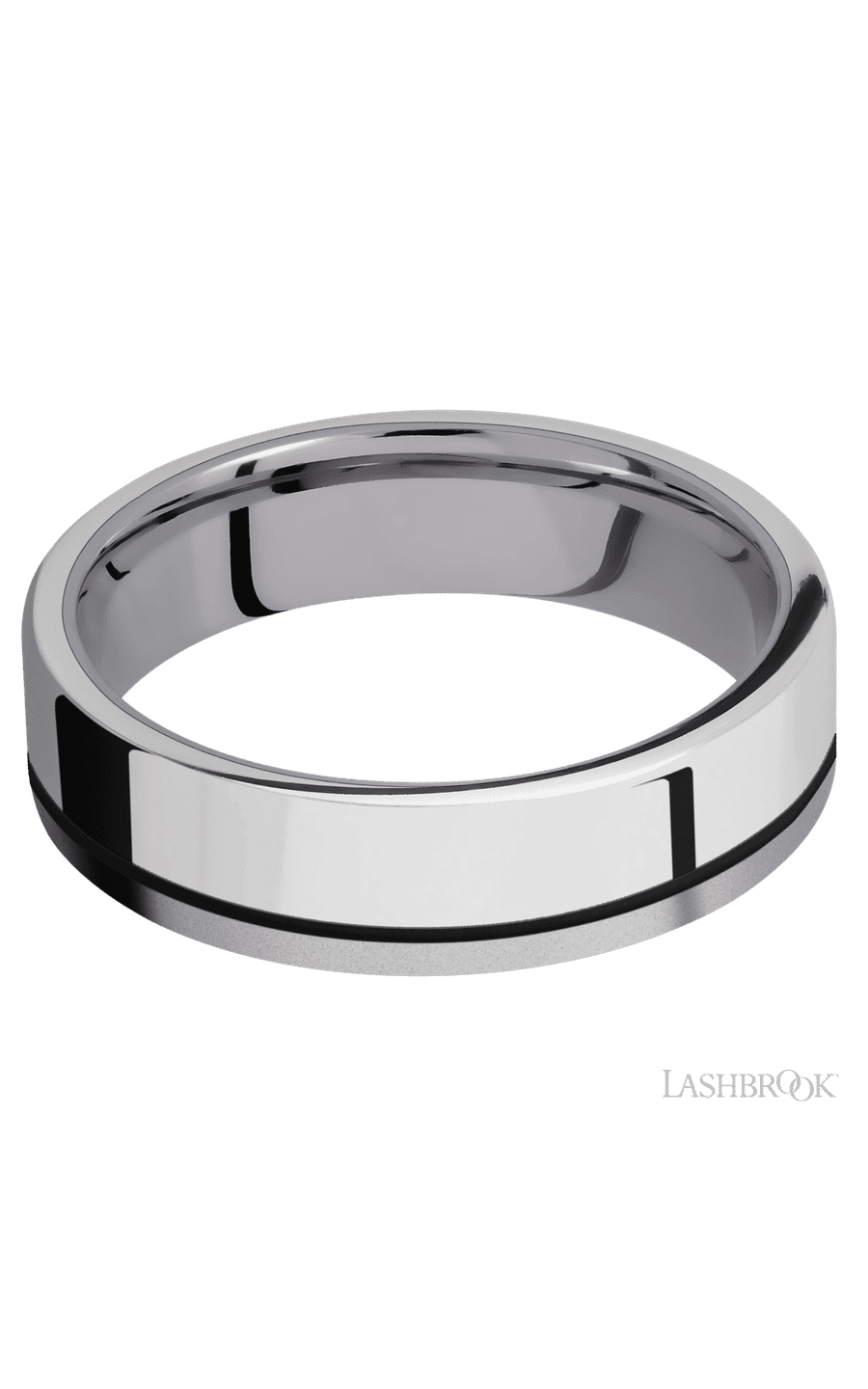 6 mm wide/Flat/Tantalum band with one 4 mm Off Center Edge inlay of Palladium Silver.