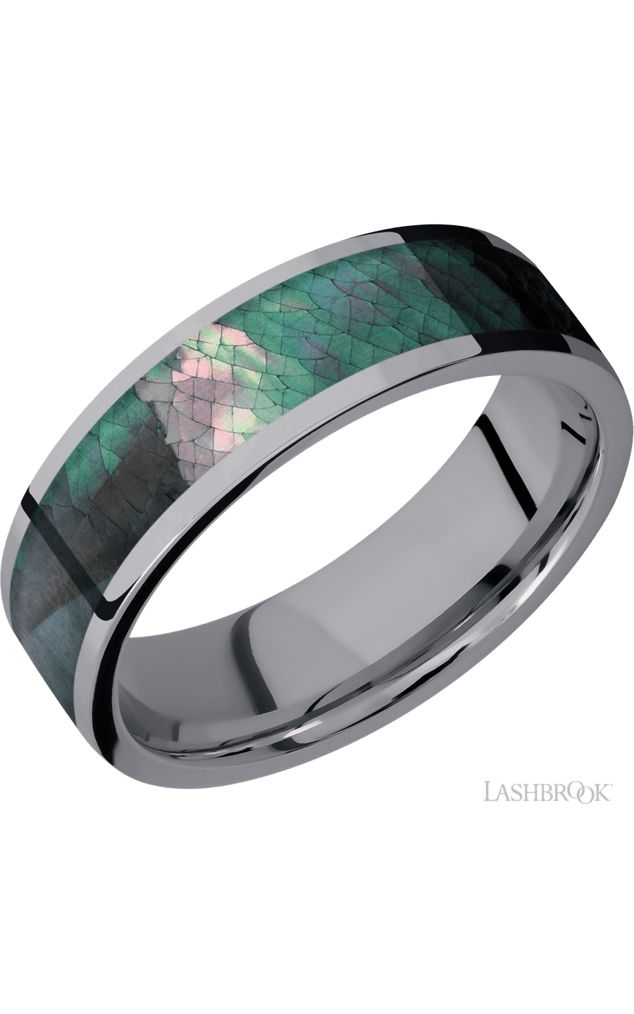 7 mm wide/Flat/Tantalum band with one 5 mm Centered inlay of Black Mother of Pearl.