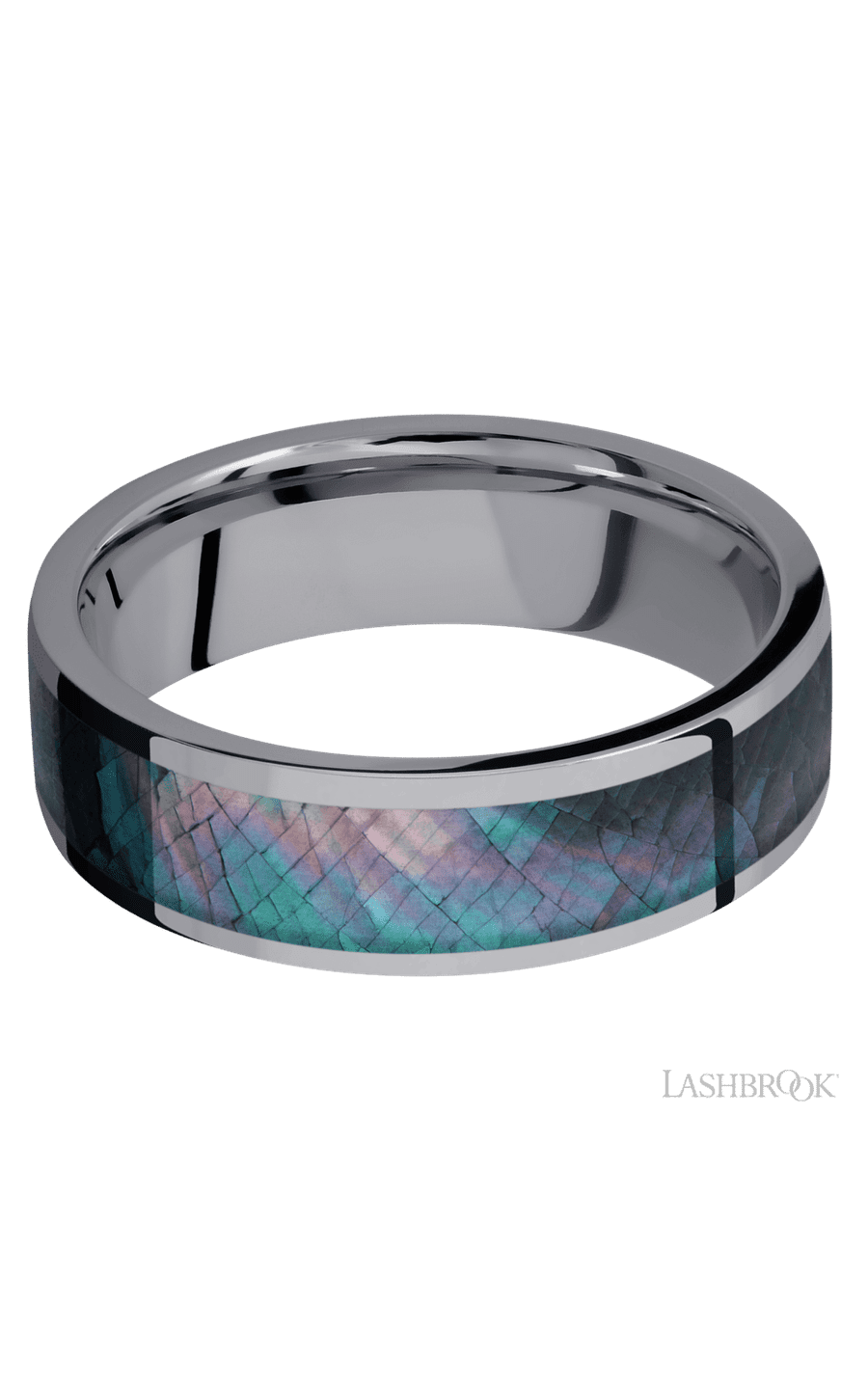 7 mm wide/Flat/Tantalum band with one 5 mm Centered inlay of Black Mother of Pearl.