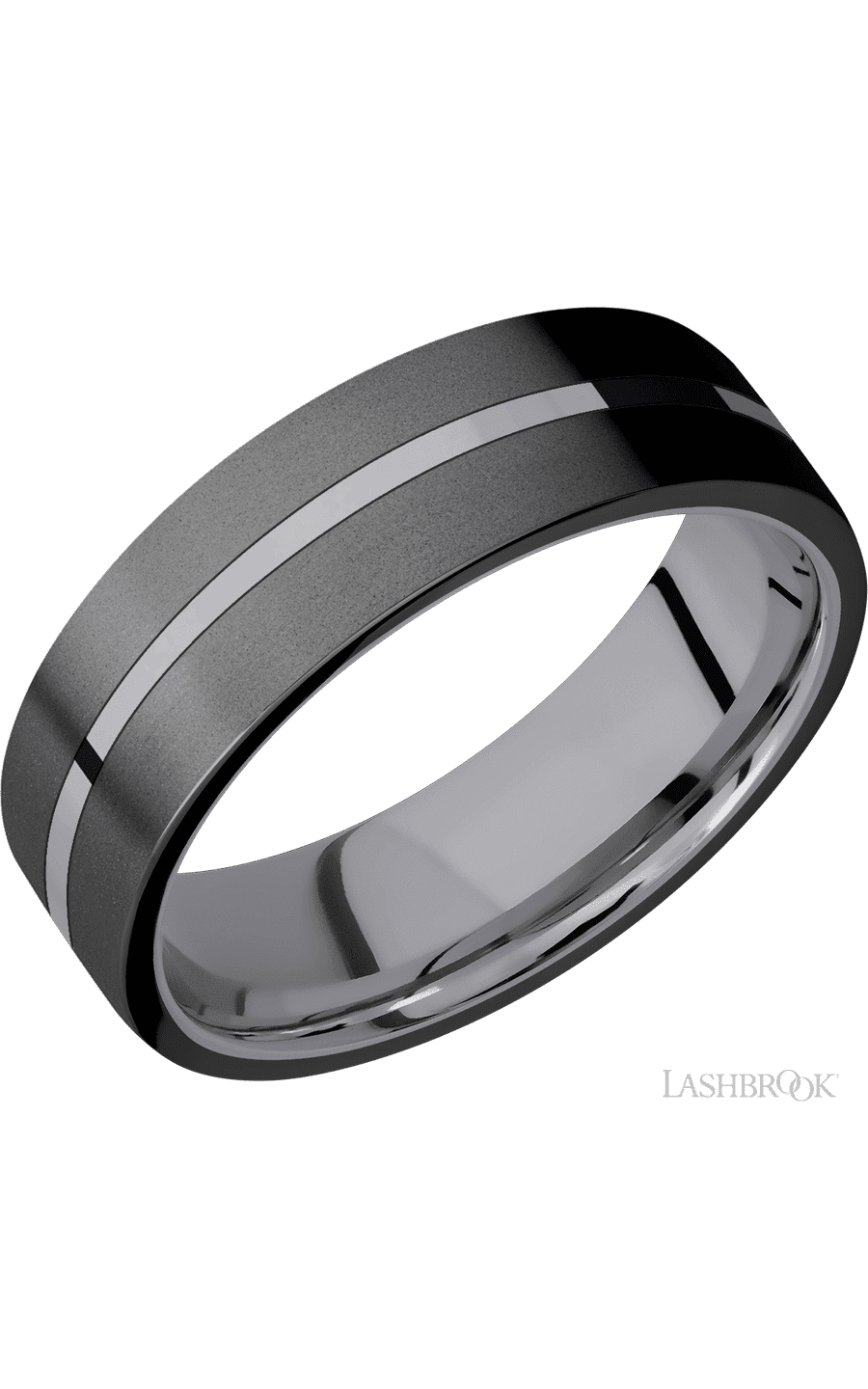 7 mm wide/Flat/Tantalum band with two 3 mm Double Off Center Edge inlays of Zirconium.