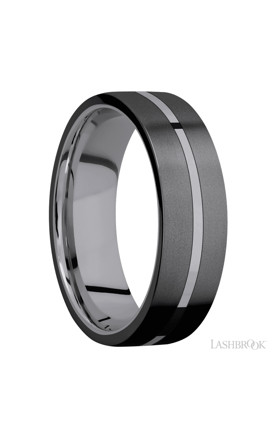 7 mm wide/Flat/Tantalum band with two 3 mm Double Off Center Edge inlays of Zirconium.