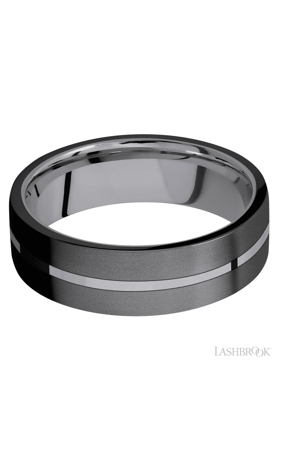 7 mm wide/Flat/Tantalum band with two 3 mm Double Off Center Edge inlays of Zirconium.
