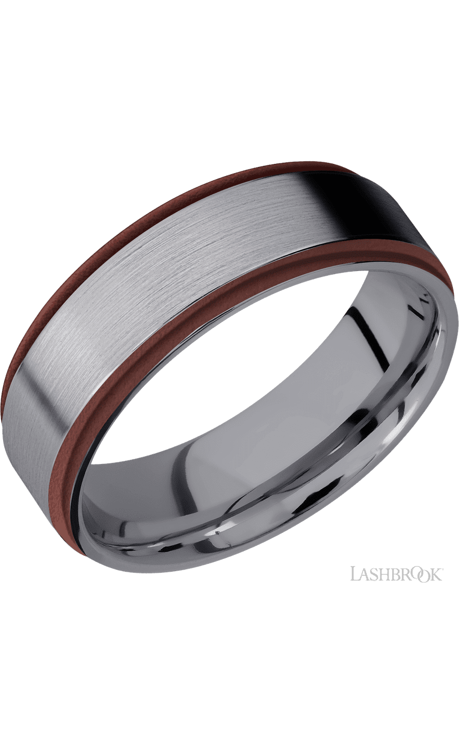 7 mm wide/Flat Grooved Edges/Tantalum band with two 1 mm Edge inlays of Crimson.