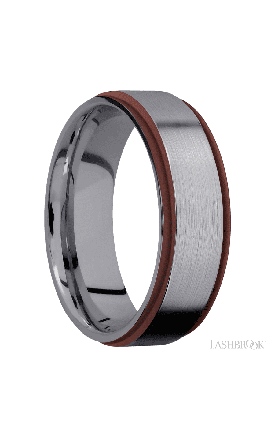 7 mm wide/Flat Grooved Edges/Tantalum band with two 1 mm Edge inlays of Crimson.