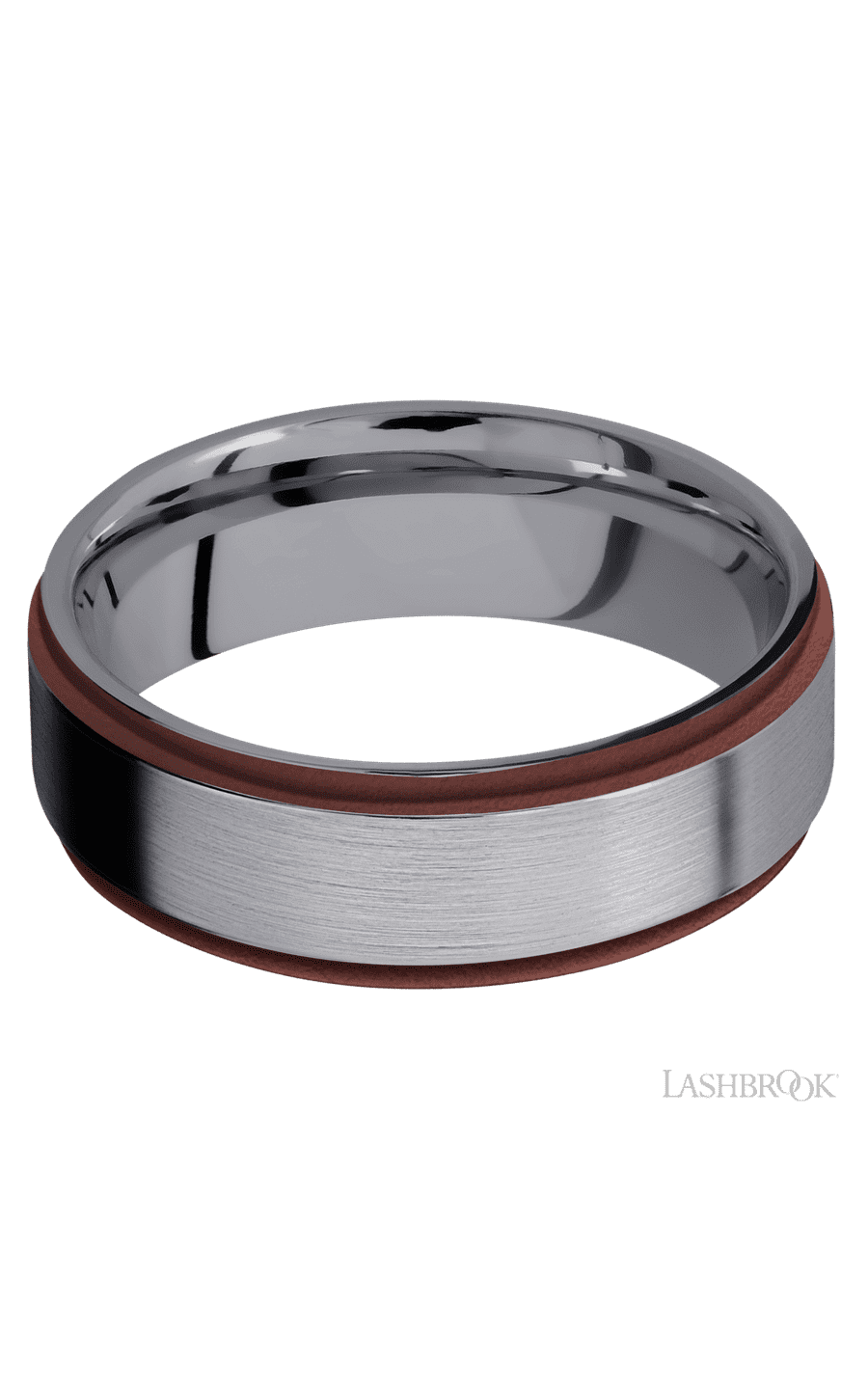 7 mm wide/Flat Grooved Edges/Tantalum band with two 1 mm Edge inlays of Crimson.