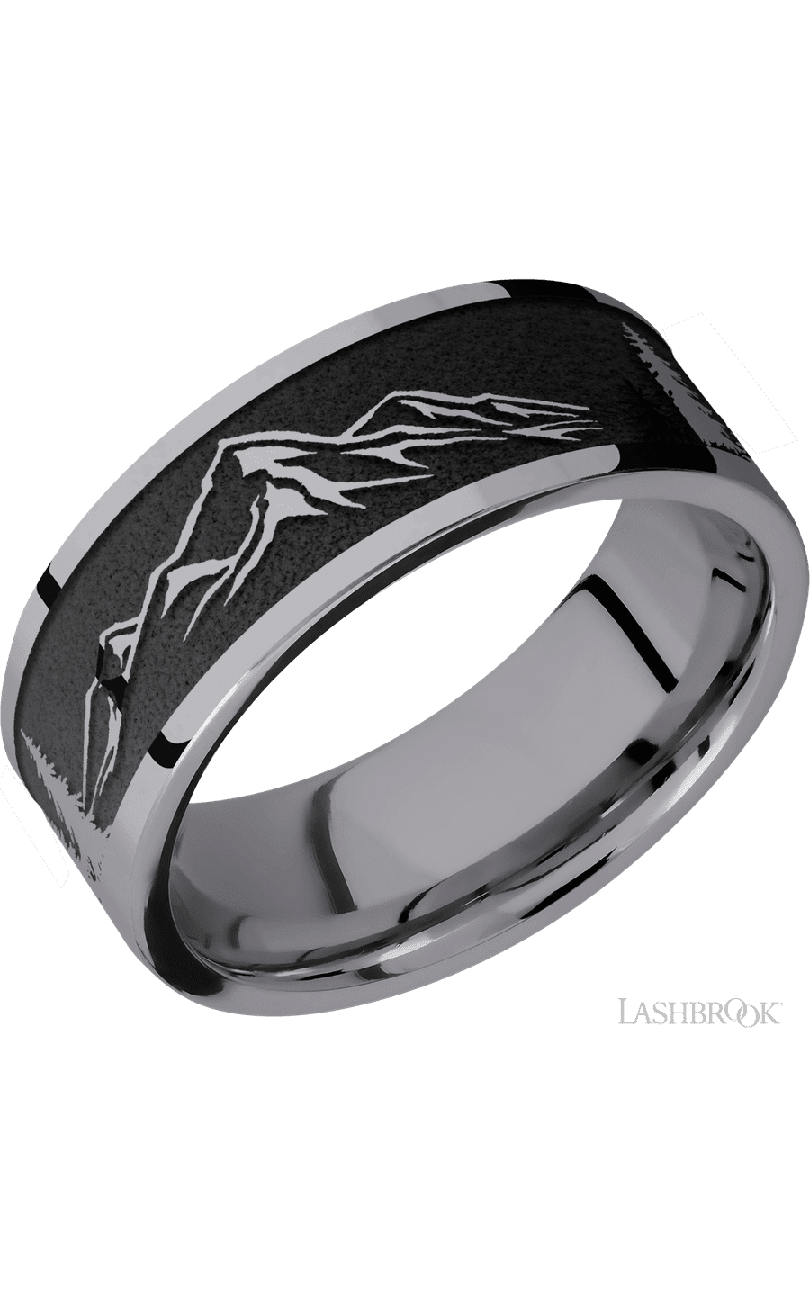 8 mm wide/Flat/Tantalum band with a laser carved Mountain 2 pattern.