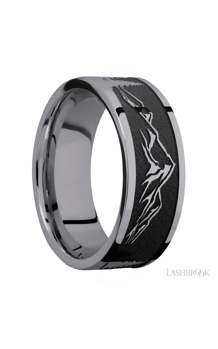 8 mm wide/Flat/Tantalum band with a laser carved Mountain 2 pattern.