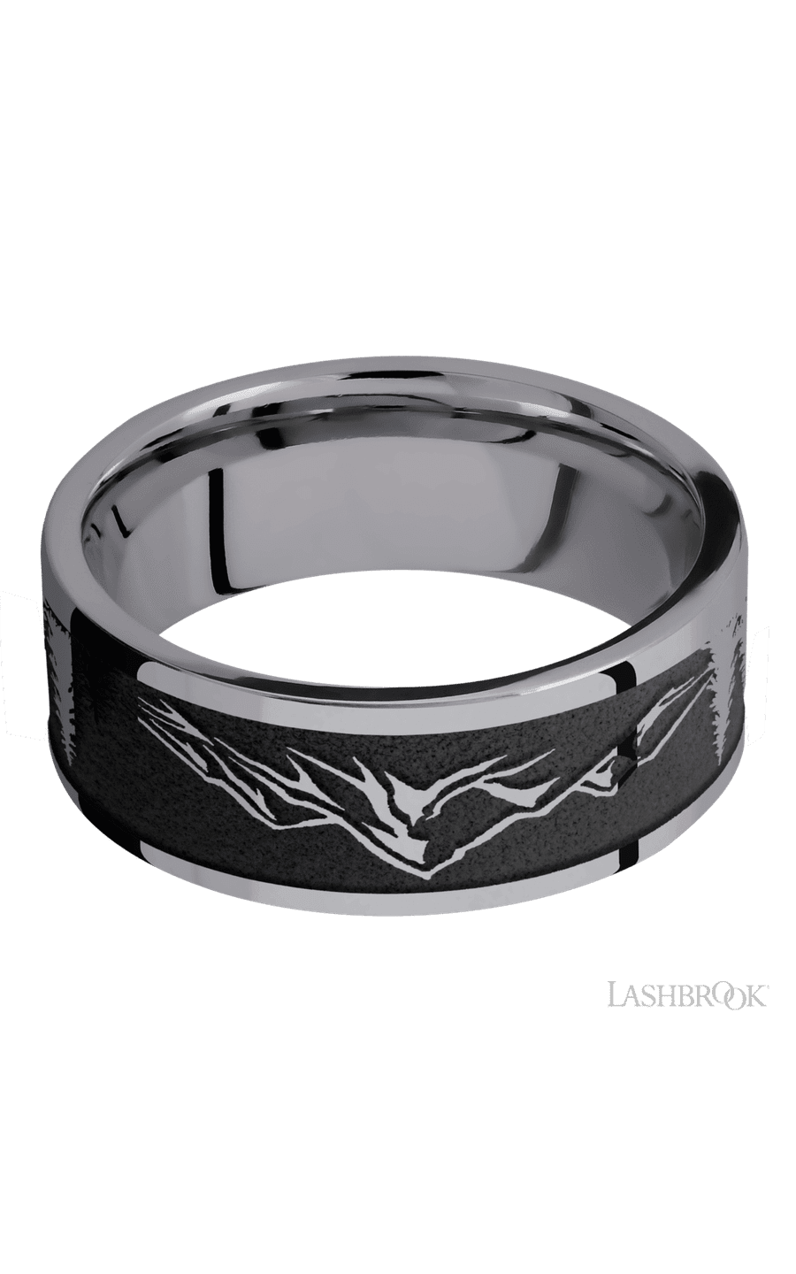 8 mm wide/Flat/Tantalum band with a laser carved Mountain 2 pattern.