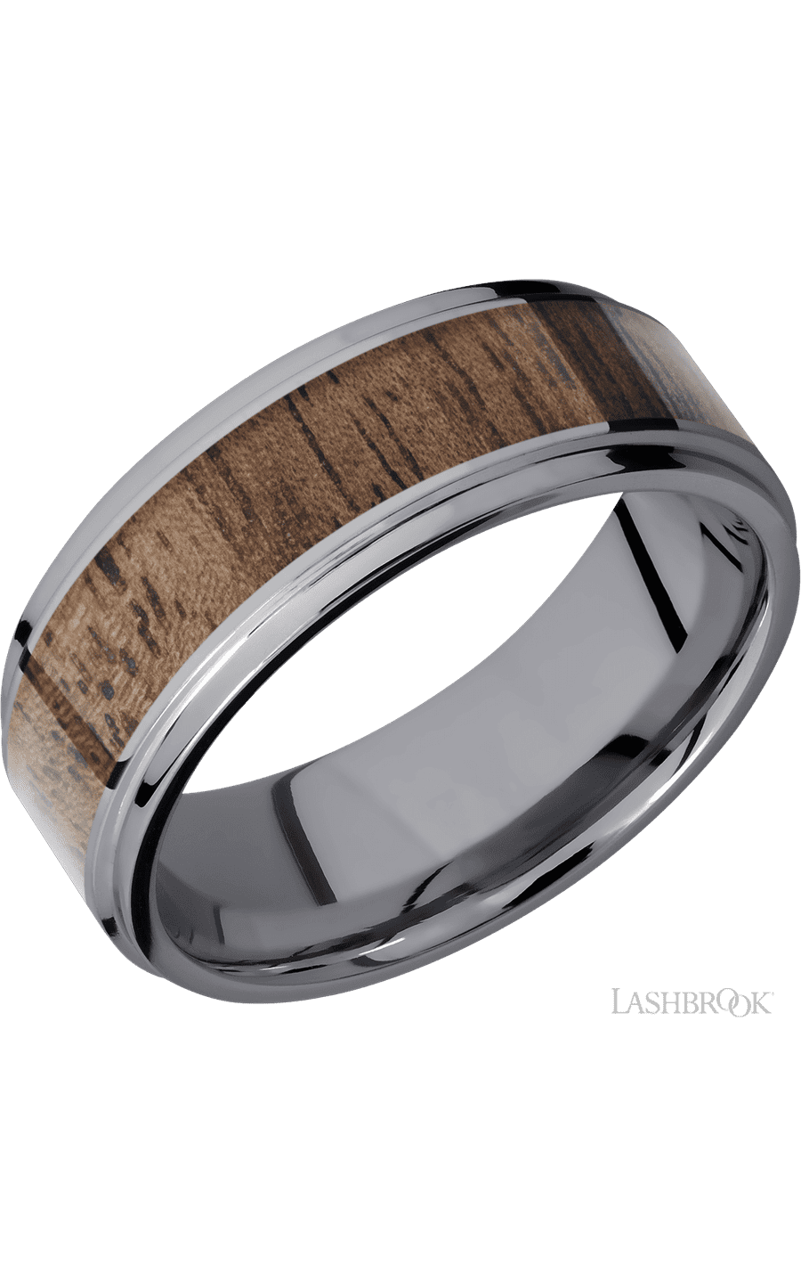 8 mm wide/Flat Grooved Edges/Tantalum band with one 5 mm Centered inlay of Walnut.