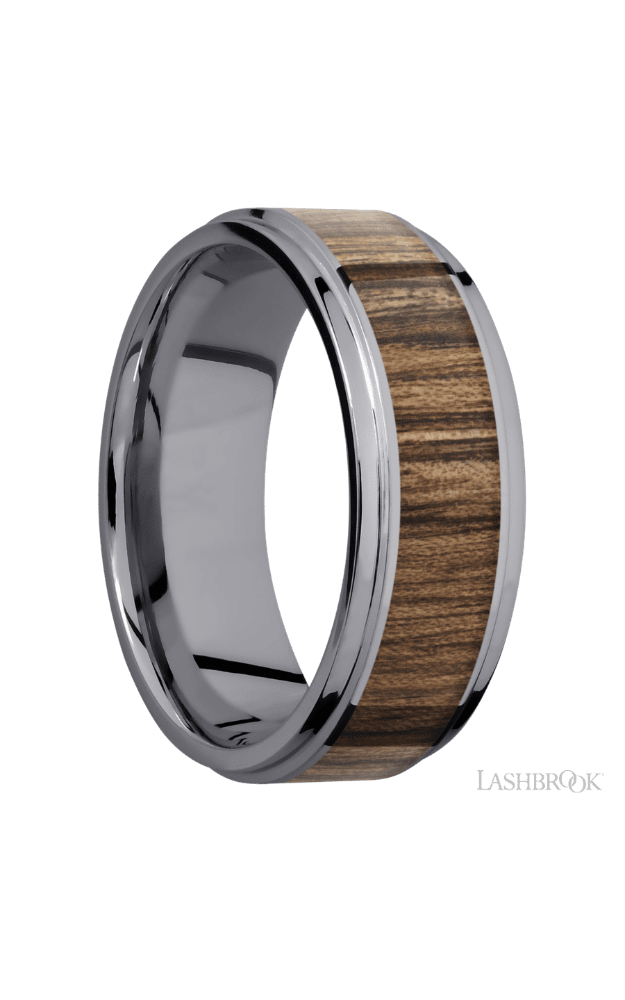 8 mm wide/Flat Grooved Edges/Tantalum band with one 5 mm Centered inlay of Walnut.