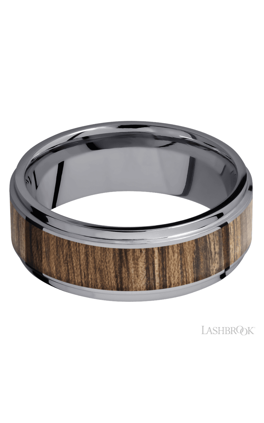 8 mm wide/Flat Grooved Edges/Tantalum band with one 5 mm Centered inlay of Walnut.
