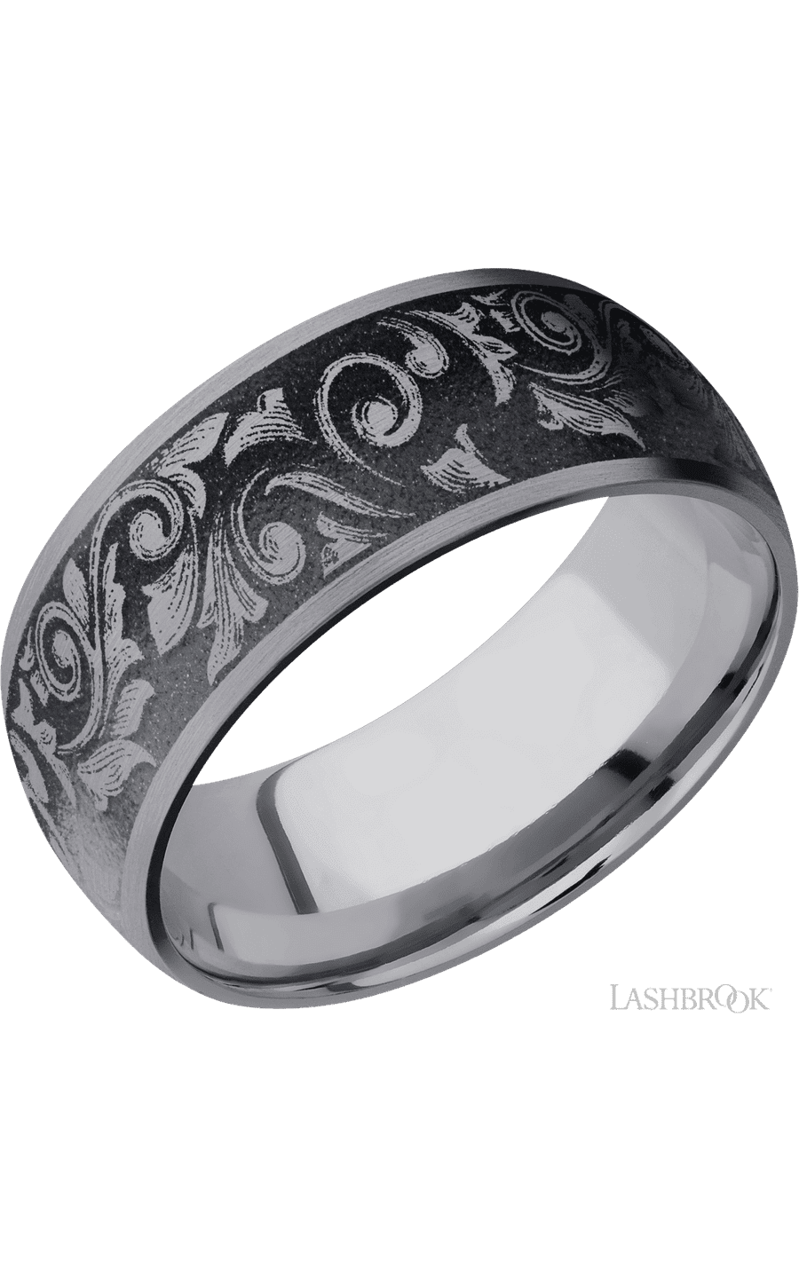 9 mm wide/Domed/Tantalum band with a laser carved Western Scroll pattern.